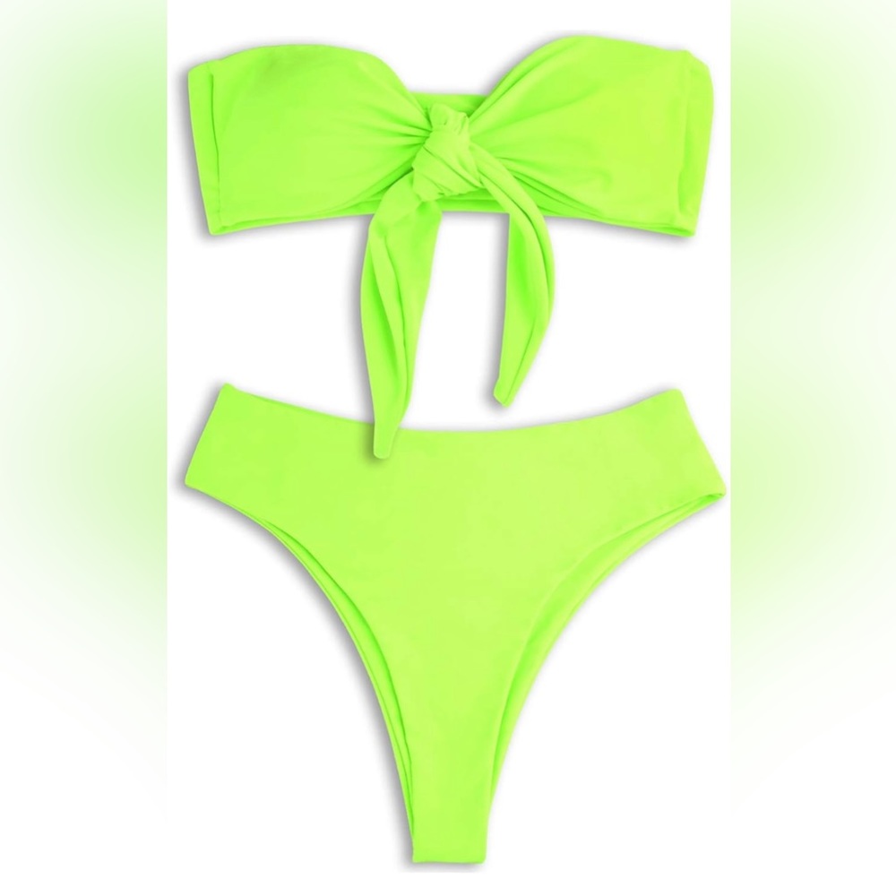 Women's Strapless Bandeau Bikini Swimsuit High Waisted| Color Neon Green| Sz Med